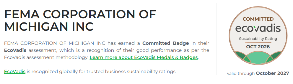 FEMA Corporation EcoVadis Committed Badge, October 2026, valid through October 2027